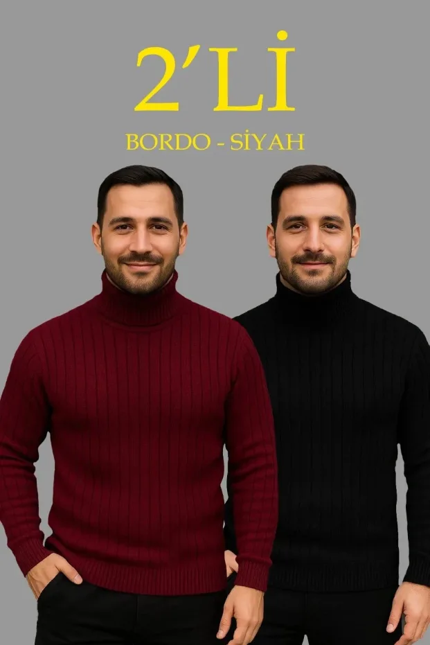 Erkek 2'li Set Fitilli Tam Boğazlı Balıkçı Yaka Triko Kazak 1