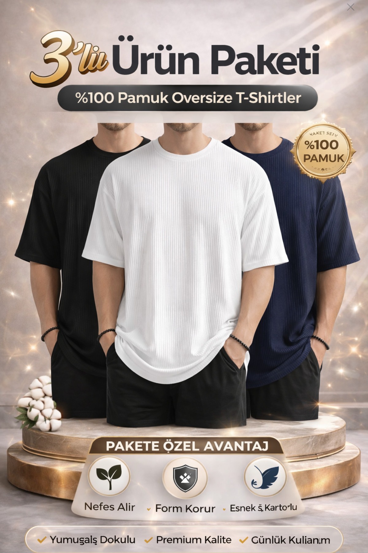 Siyah Beyaz Lacivert 3lü Oversize Fitilli Pamuk Erkek T-Shirt