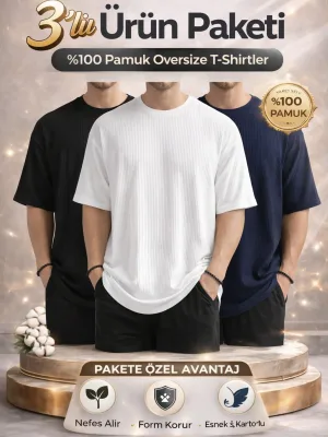 Pánské tričko s overzitním střihem, žebrované, bavlna, balení 3 ks – černá, bílá, tmavě modrá