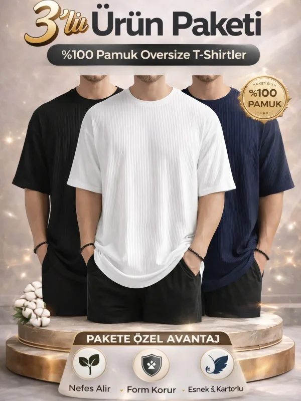 Siyah Beyaz Lacivert 3lü Oversize Fitilli Pamuk Erkek T-Shirt