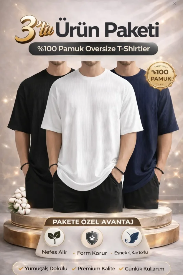 Siyah Beyaz Lacivert 3lü Oversize Fitilli Pamuk Erkek T-Shirt 1