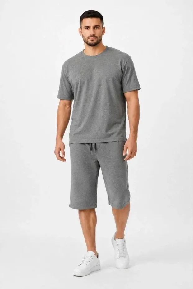Bărbați Fum Guler Bicicletă Două Fire Țesătură Buzunar Tricou Sub Genunchi Șort Set 3