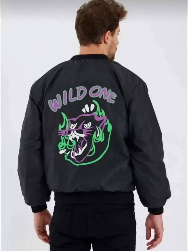 Men's Black Panther Pattern Zippered Quilted Bomber Jacket 2