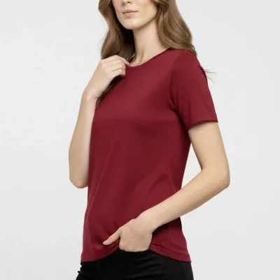 Femeie Tricou Basic Visiniu Slim Fit cu Guler Bicicletă, Elastan 3