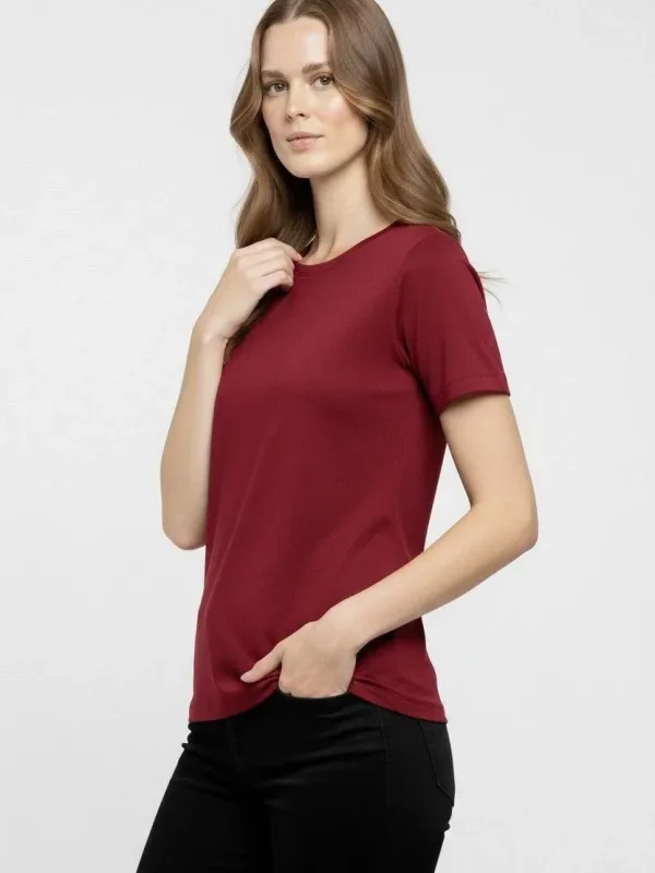 Femeie Tricou Basic Visiniu Slim Fit cu Guler Bicicletă, Elastan 3