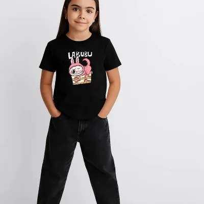 Девојче црн Labubu печатен oversize маица 2
