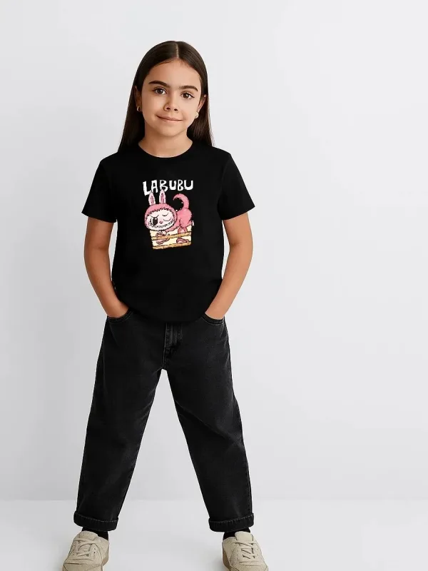 Девојче црн Labubu печатен oversize маица 2