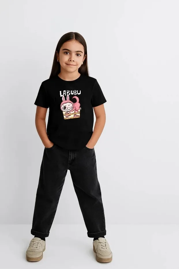 Девојче црн Labubu печатен oversize маица 2