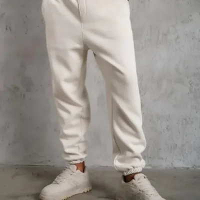 Men's White 3-Thread Cotton Elastic Cuff Sweatpants 3