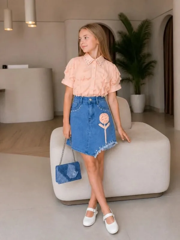 Dívčí lososová 3dílná elegantní sada s volánkovými detaily a džínovou sukní 6