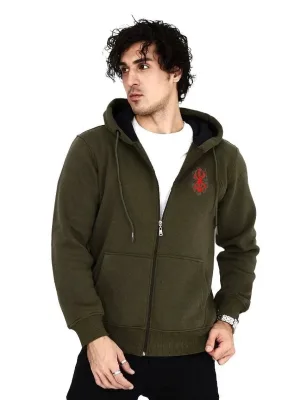 Men's Khaki 3-Thread Cotton Full-Zip Hooded Sweatshirt with Pockets