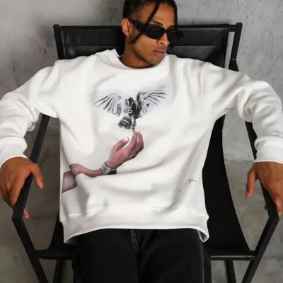 Men's White 3-Thread Cotton Dove Printed Crew Neck Sweatshirt 5