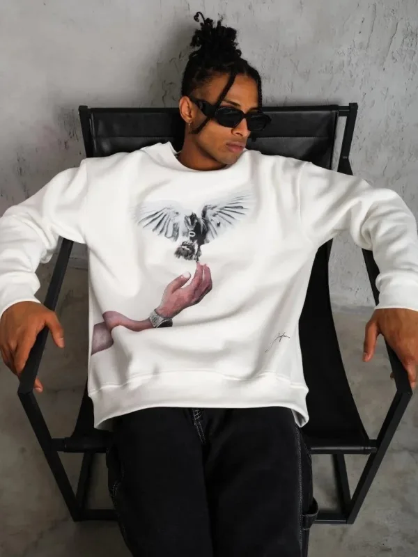 Men's White 3-Thread Cotton Dove Printed Crew Neck Sweatshirt 5