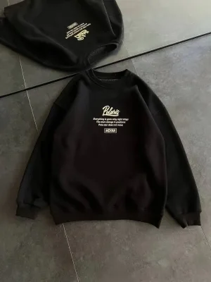 Femea Negru Oversize 3 Firă Bumbac Imprimat Guler Bicicletă Sweatshirt