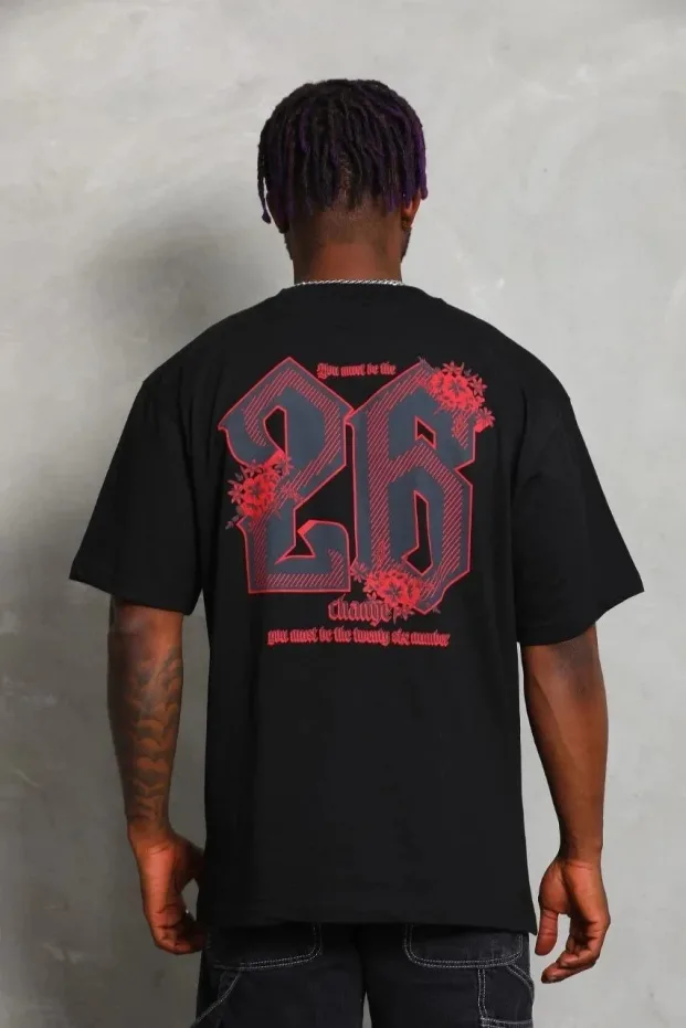 Bărbați Negru Oversize Guler Bicicletă Imprimat Mânecă Scurtă Tricou 4