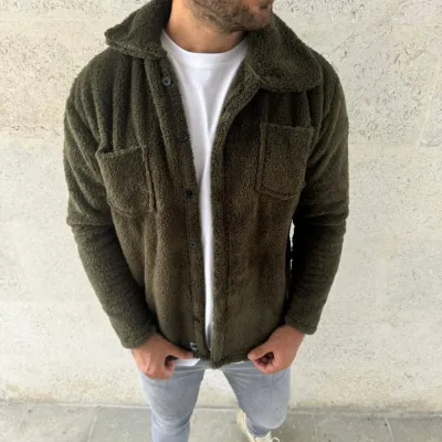 Férfi khaki plüss polár inggalléros gomblyukas gombos kardigán 4