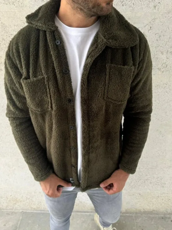 Férfi khaki plüss polár inggalléros gomblyukas gombos kardigán 4