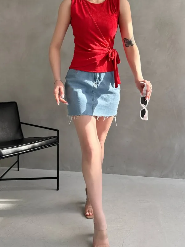 Strap Front Cross Tie Blouse Red 2