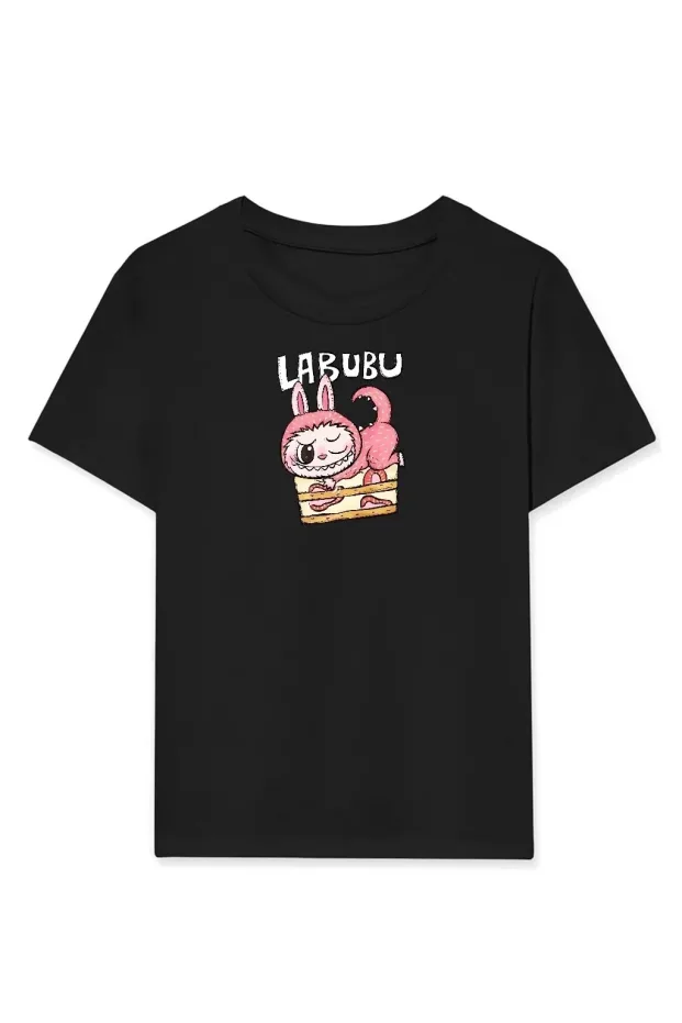 Девојче црн Labubu печатен oversize маица 1