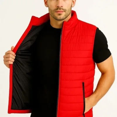 Men's Red Water-Repellent Puffer Zippered Quilted Vest with Pockets 1