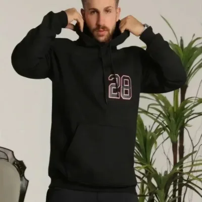 Mêr Reş Oversize 3 Têl Pembû Hoodie Çapkirî 2