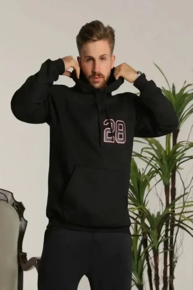 Mêr Reş Oversize 3 Têl Pembû Hoodie Çapkirî 2