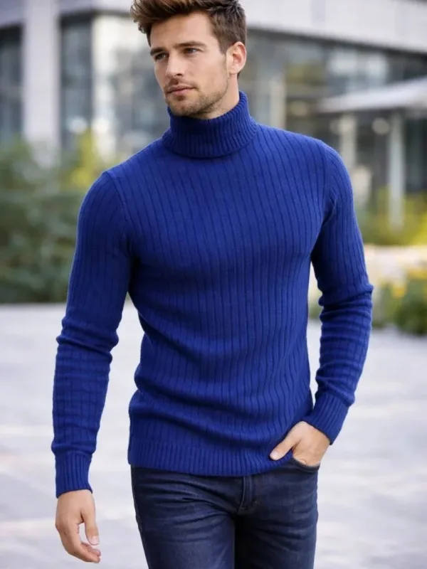 Pánský indigo regular fit silný žebrovaný rybářský výstřih triko svetr 3