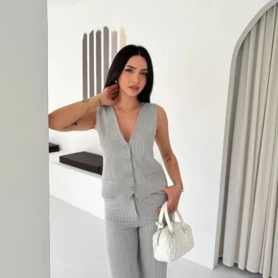 Női Szürke Csíkos Tansel Kumaş İkili Takım Ofis Şık 4
