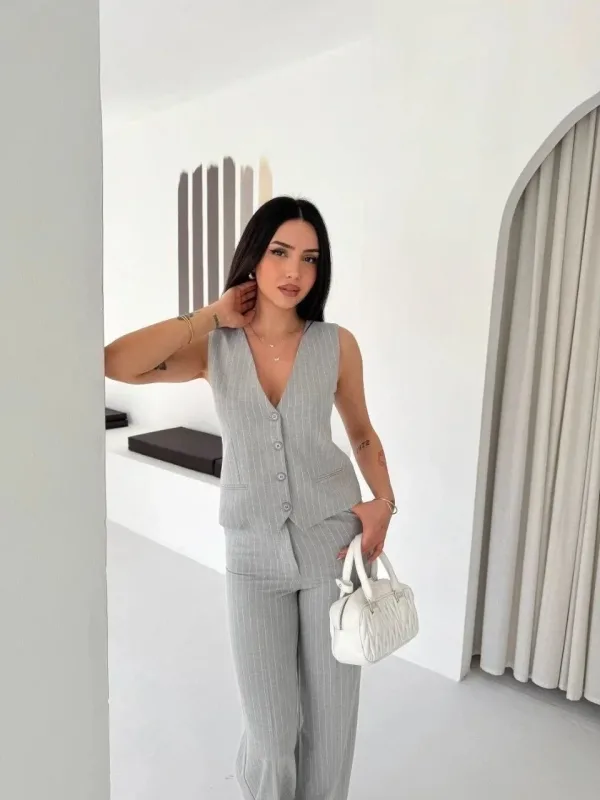 Női Szürke Csíkos Tansel Kumaş İkili Takım Ofis Şık 4