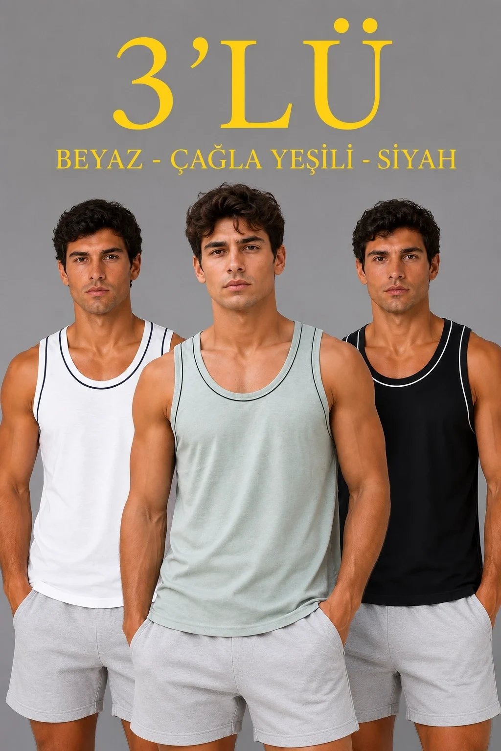 Erkek 3'lü Set Kolsuz Bisiklet Yaka Sporcu Atlet