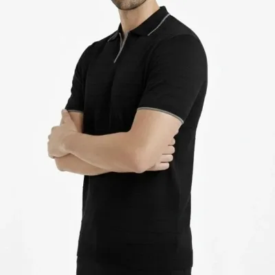 Ανδρικό Μαύρο Υφαντό Πλεκτό Χωρίς Κουμπιά Πόλο Λαιμόκοψη Κοντό Μανίκι Μπλουζάκι 1