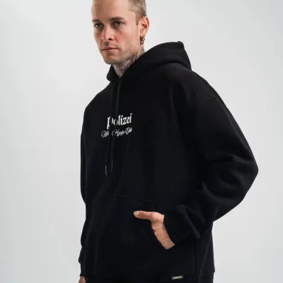 Sweatshirtê Mêran ê Reş Oversize 3 Têl Pembû Bi Kapek û Çapkirî 5