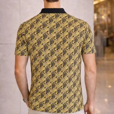 Man Yellow Pique Polo Collar Palm Patterned Short Sleeve T-Shirt 2