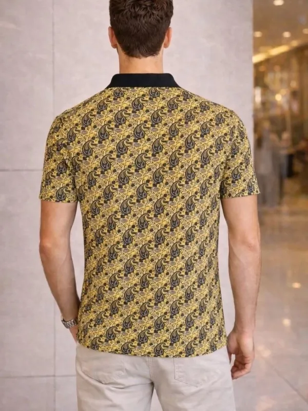 Man Yellow Pique Polo Collar Palm Patterned Short Sleeve T-Shirt 2