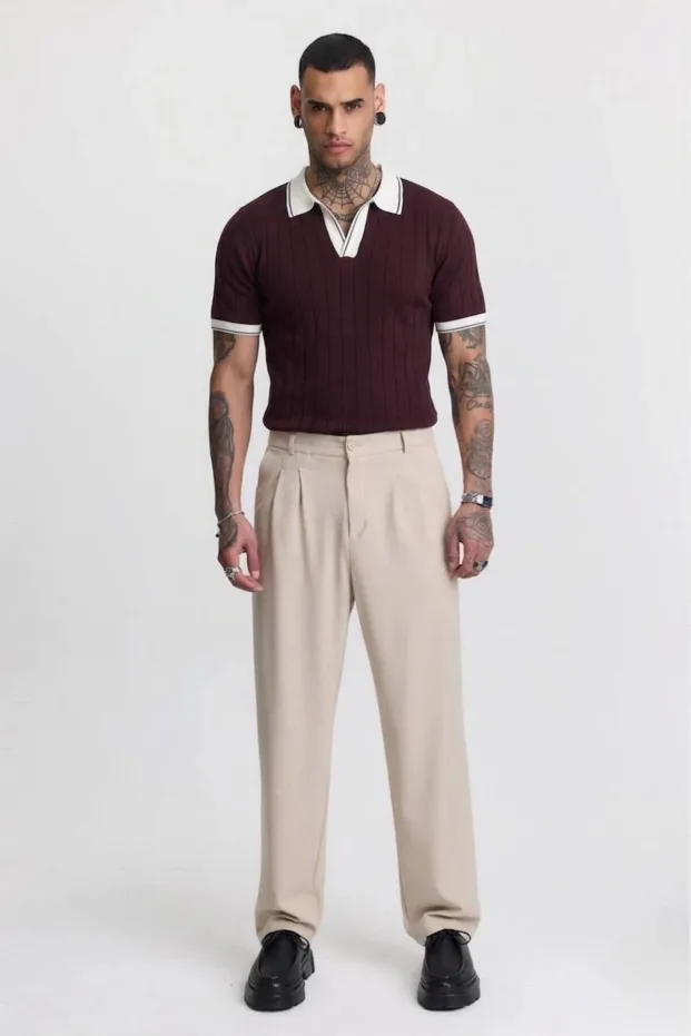 Erkek Bordo Basic Kısa Kollu Polo Yaka Triko Tişört 4