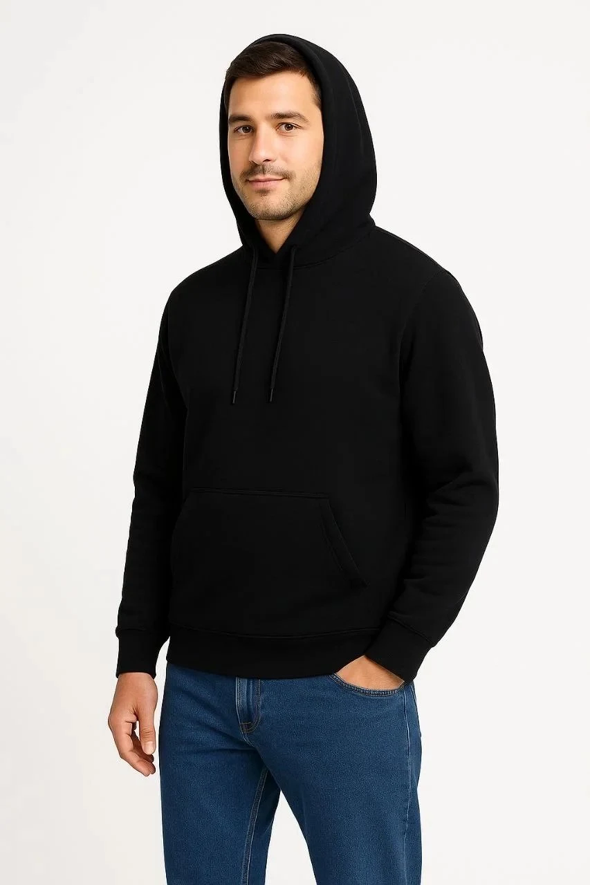 Bărbat Negru 3 Fire Bumbac Glugă Buzunar Cangur Sweatshirt