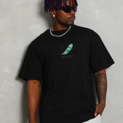 Men's Black Oversize Crew Neck Printed T-Shirt 2