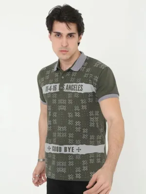 Pánské khaki slim fit potištěné polo tričko, krátký rukáv