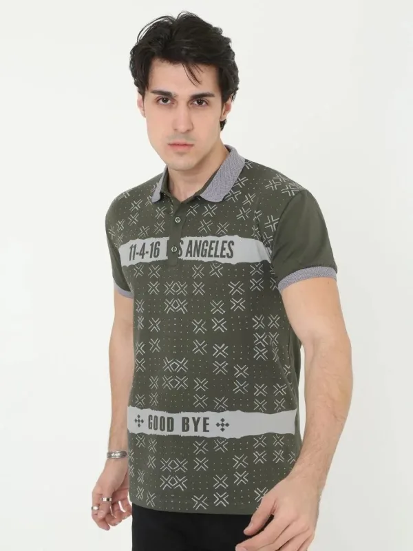 Pánské khaki slim fit potištěné polo tričko, krátký rukáv 1