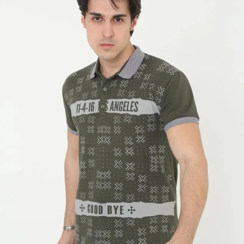 Burrë Haki Slim Fit Me Print Jaka Polo Mëngë të Shkurtra T-shirt