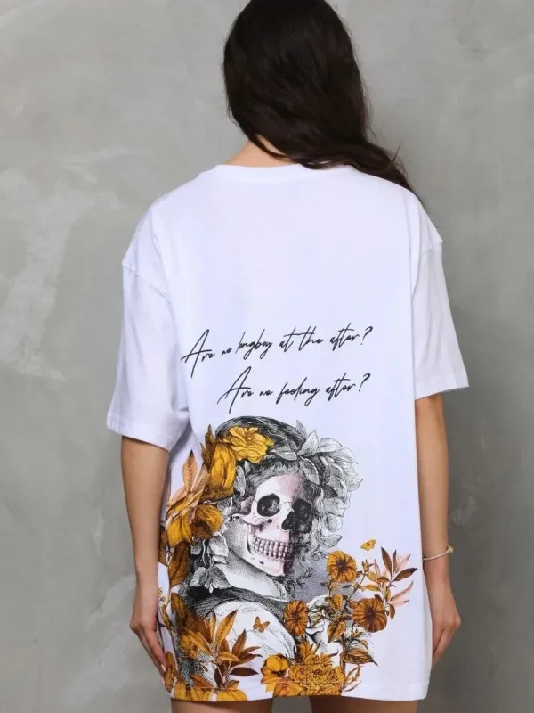 Bluzë Femrash e Bardhë Oversize me Jakë Biçiklete dhe Print me Mëngë të Shkurtra 7