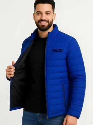 Men's Sax Blue Micro Water Repellent Quilted Printed Zippered Bomber Jacket
