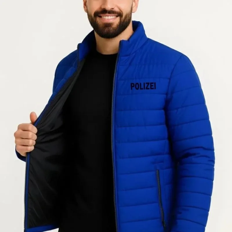 Pánská saks modrá mikrovodoodpudivá prošívaná bomber bunda s potiskem a zipem