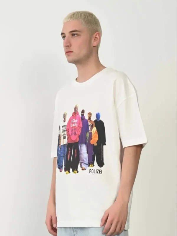Bluzë Oversize me Jakë Biçiklete dhe Printim, Ngjyrë e Bardhë për Burra 1