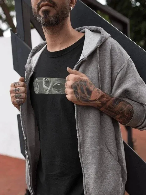 Bluzë verore për meshkuj, e zezë, oversized, me jakë biçiklete dhe printim 1