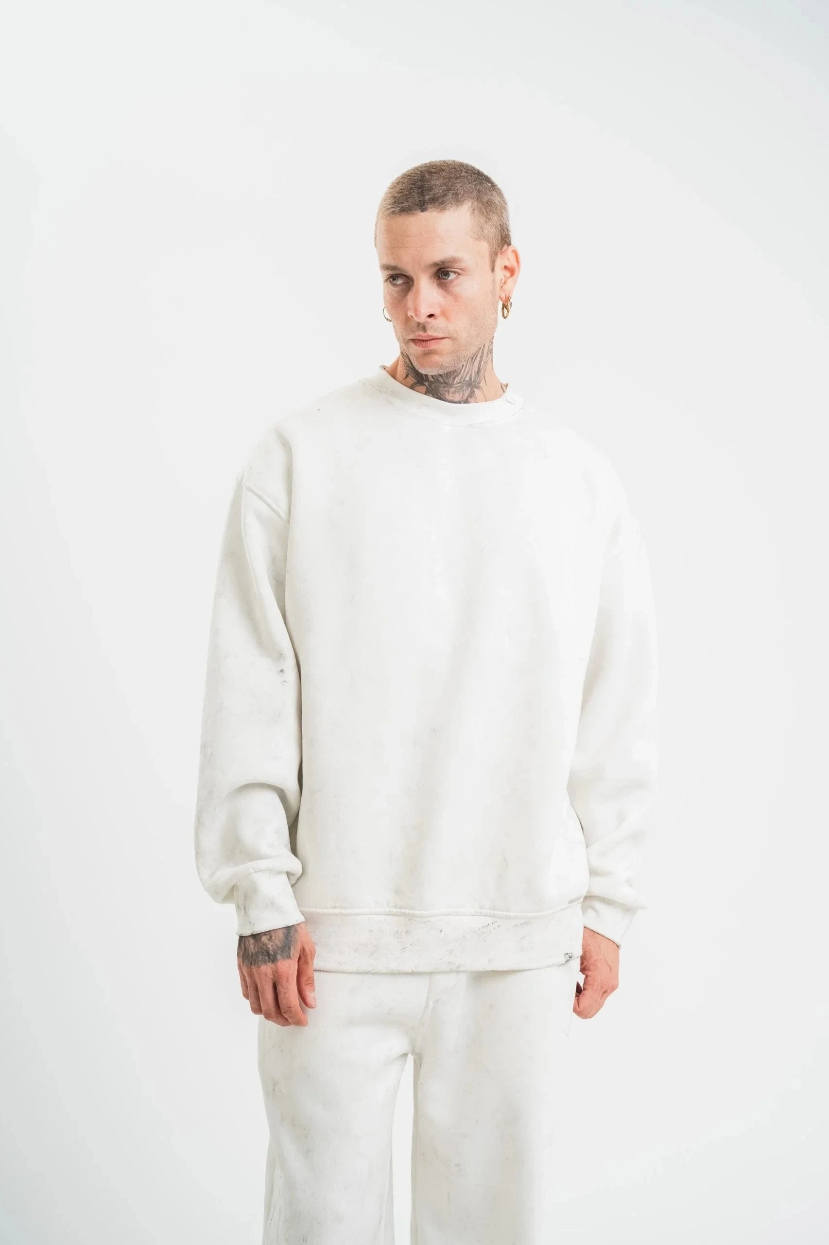 Men's White 3-Thread Cotton Washed Crew Neck Sweatshirt