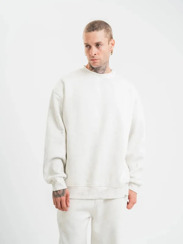 Men's White 3-Thread Cotton Washed Crew Neck Sweatshirt 1