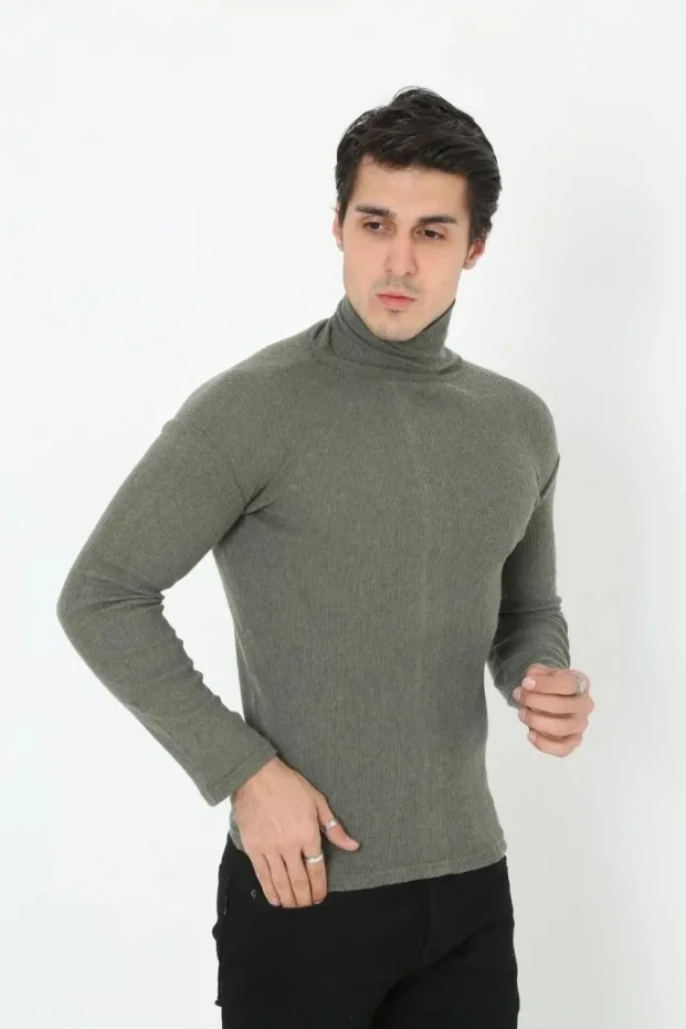 Erkek Haki Slim Likralı Boğazlı Uzun Kollu Body 2