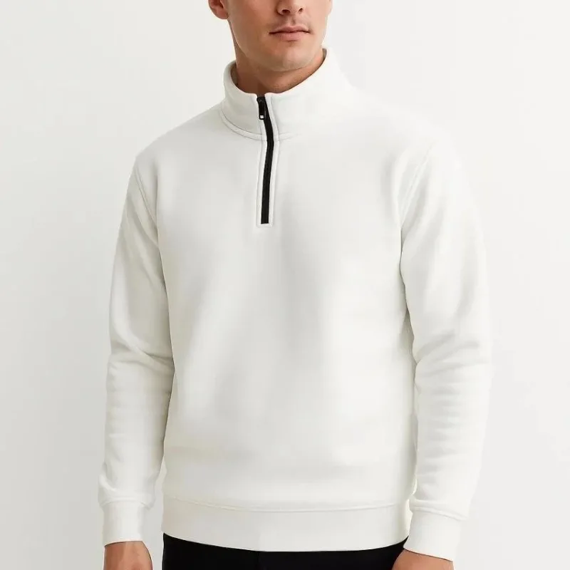 Férfi fehér állógalléros félcipzáras 3 szálas pamut sweatshirt