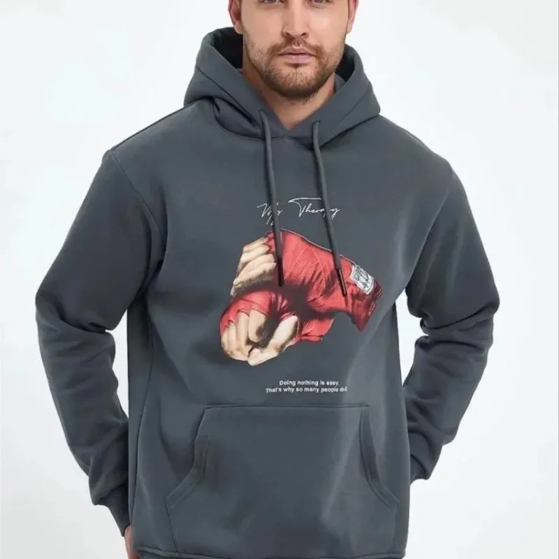 Sweatshirtê Mêran ê Dûmanî 3 Têl Pembû Kêşkêş Bi Çapa Destikê Bokslê